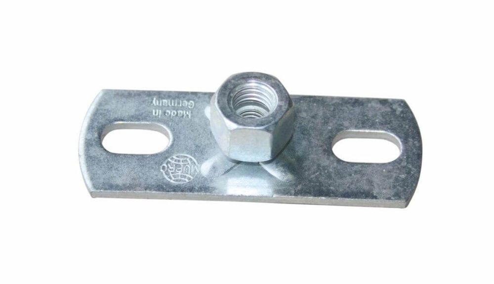 In this image you can see a steel base plate with nut.